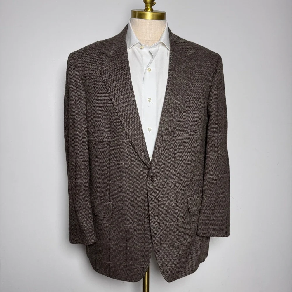 Brooks Brothers Sport Coat Mens 42R Brown Herringbone Windowpane Wool Blazer